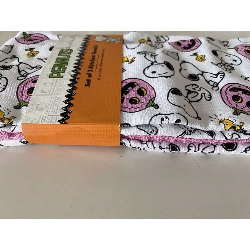 3 Pack Peanuts Snoopy Woodstock Halloween‎ Kitchen Towels Pink Pumpkin 16 X 26”